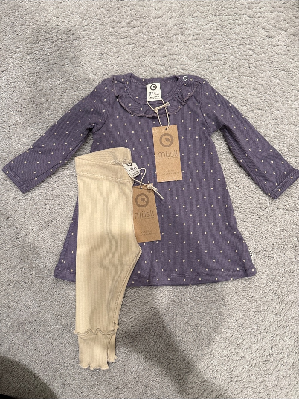 NWT- müsli Purple Dot Knit Dress with Cream Leggings- 3-6M